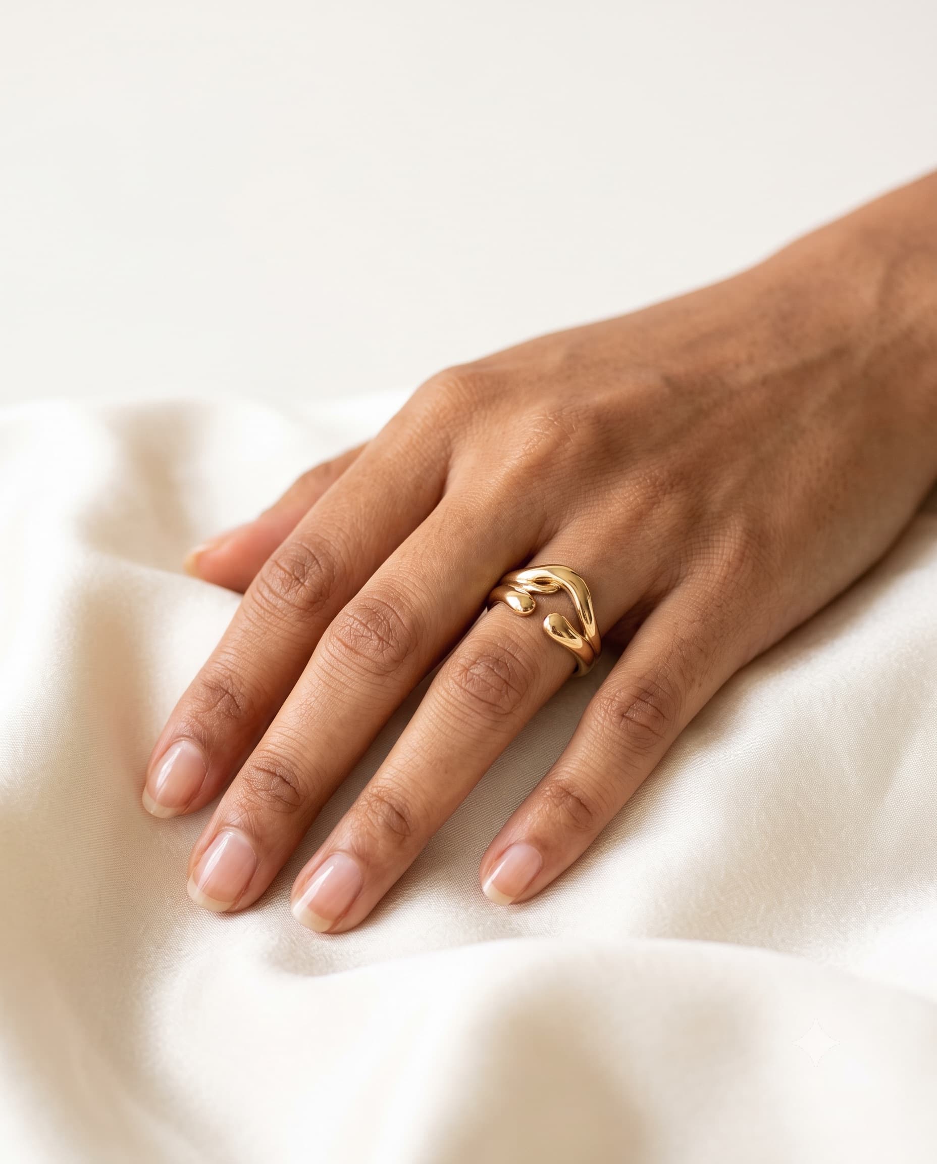 Model wearing a sculpted hug ring